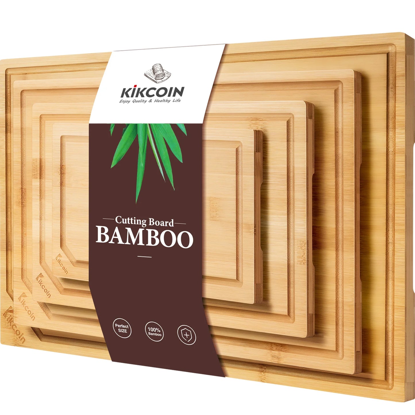Extra Large 4-Piece Bamboo Cutting Board Set Featuring Juice Groove and Ergonomic Handle Design