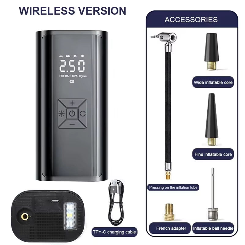 Wireless Electric Car Air Compressor and Tire Inflator Pump for Motorcycles, Bicycles, Boats, and Inflatable Sports Balls