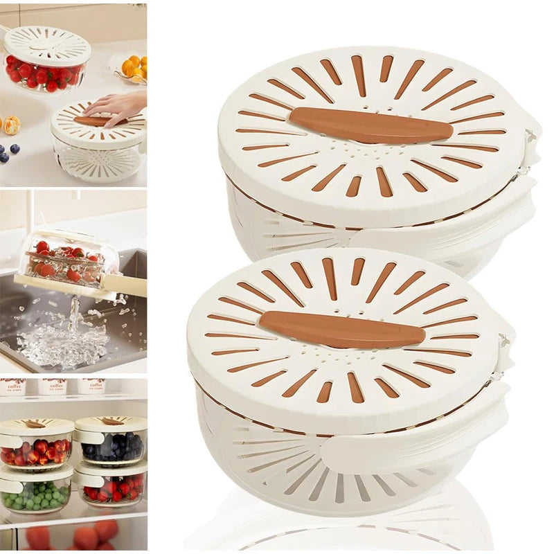 2-in-1 Fruit and Vegetable Washing Basket with Foldable Handle and Refrigerator Crisper Storage Bowl for Home Kitchen