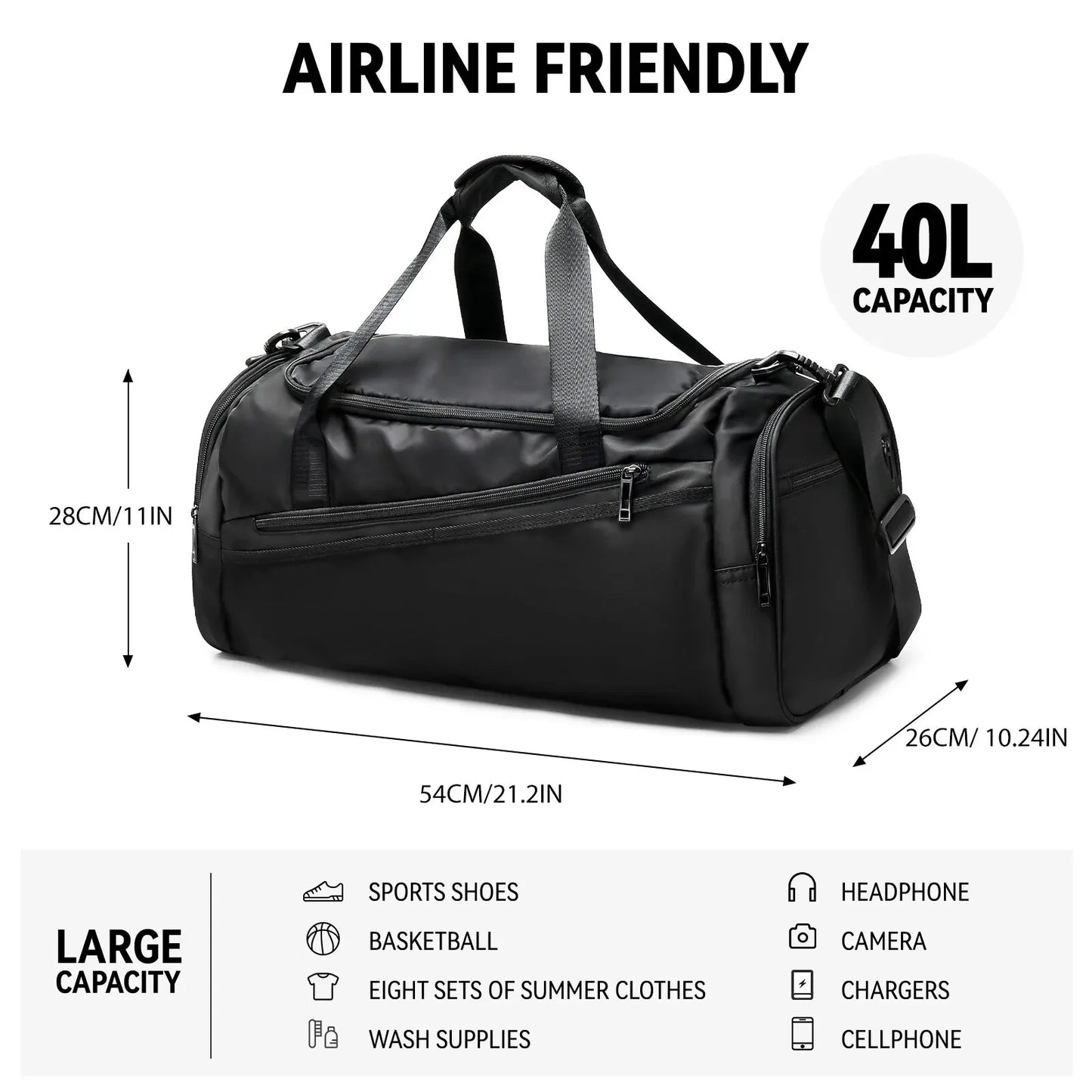 Lightweight 40L Sports Duffel Bag with Shoe Compartment for Men and Women - Foldable Travel Gym Bag