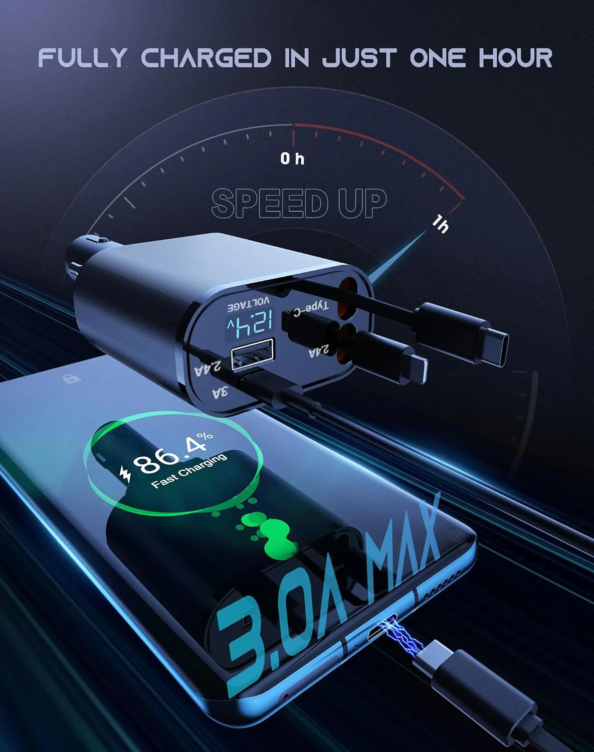 4-in-1 Retractable Fast Car Charger - 120W with USB Type-C Cable