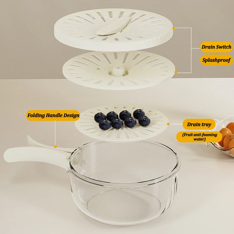 2-in-1 Fruit and Vegetable Washing Basket with Foldable Handle and Refrigerator Crisper Storage Bowl for Home Kitchen