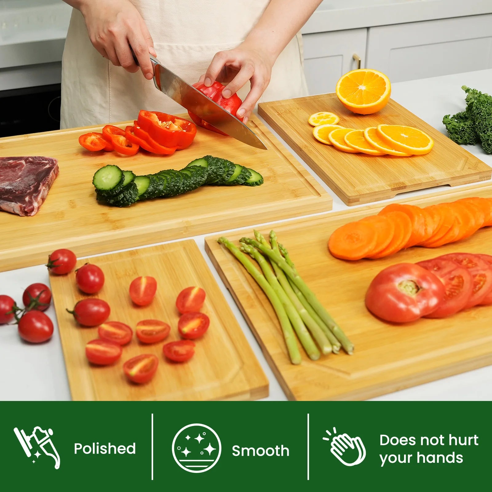 Extra Large 4-Piece Bamboo Cutting Board Set Featuring Juice Groove and Ergonomic Handle Design