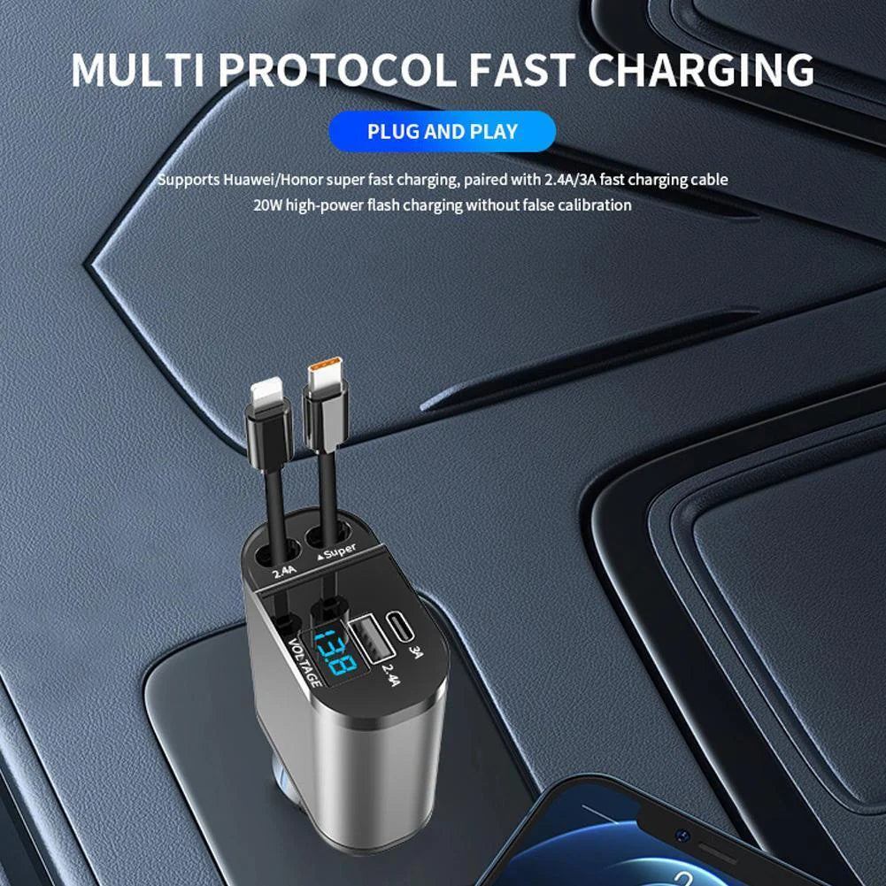 4-in-1 Retractable Fast Car Charger - 120W with USB Type-C Cable