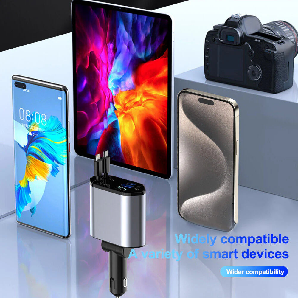 4-in-1 Retractable Fast Car Charger - 120W with USB Type-C Cable
