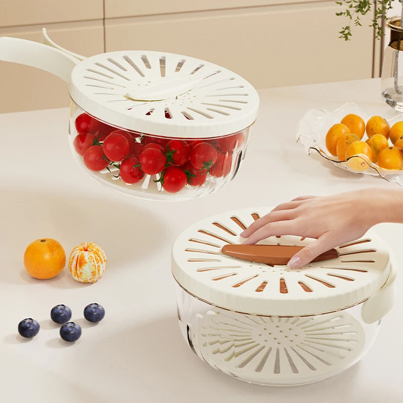 2-in-1 Fruit and Vegetable Washing Basket with Foldable Handle and Refrigerator Crisper Storage Bowl for Home Kitchen