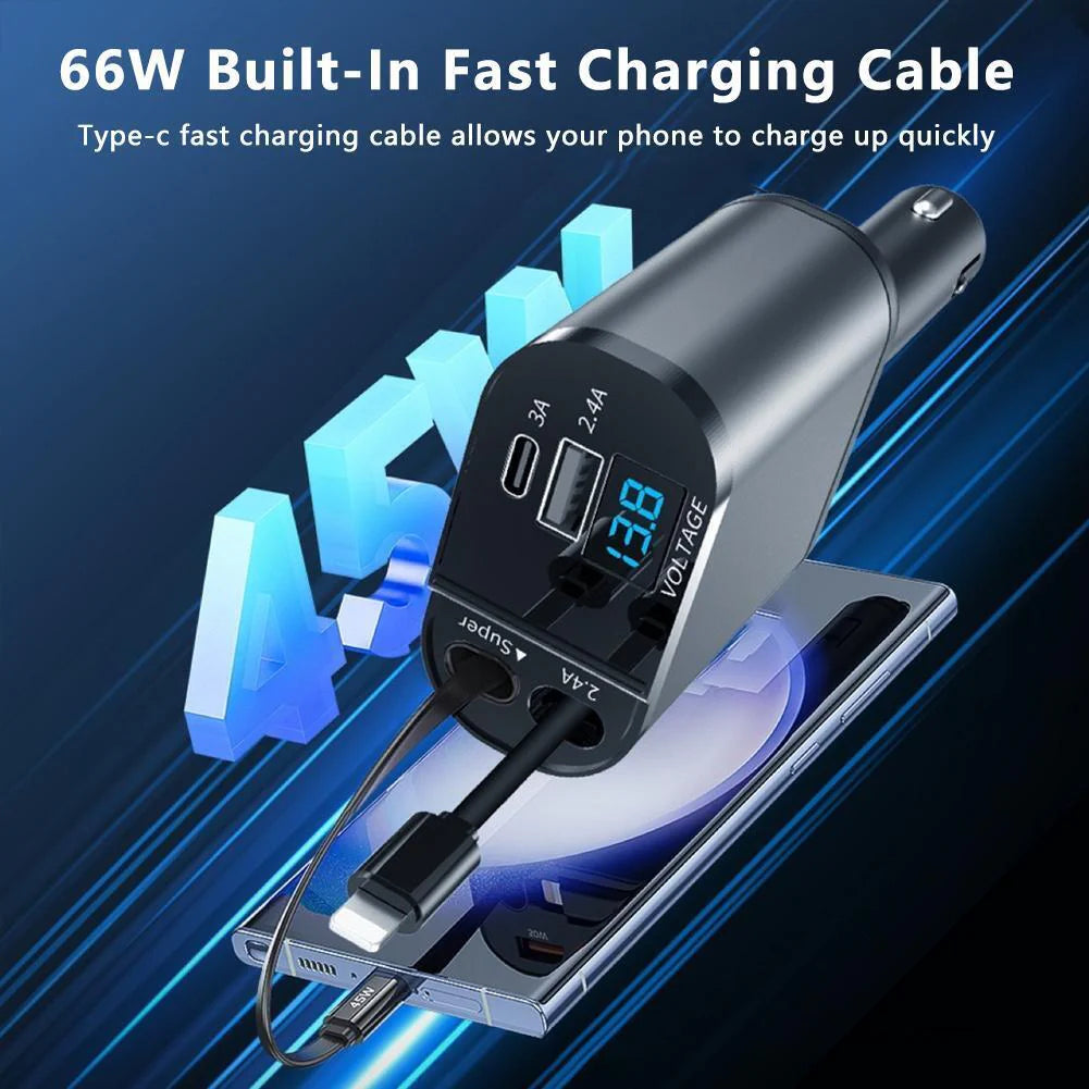 4-in-1 Retractable Fast Car Charger - 120W with USB Type-C Cable