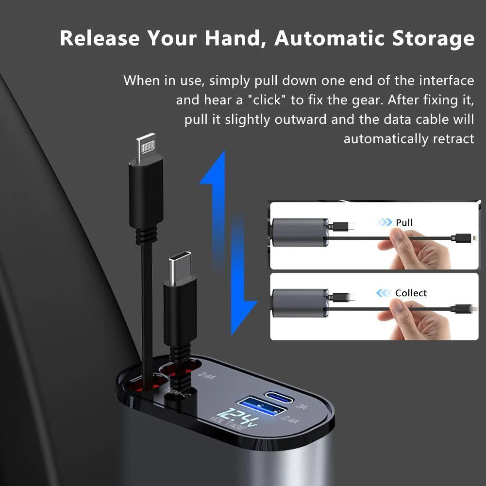 4-in-1 Retractable Fast Car Charger - 120W with USB Type-C Cable