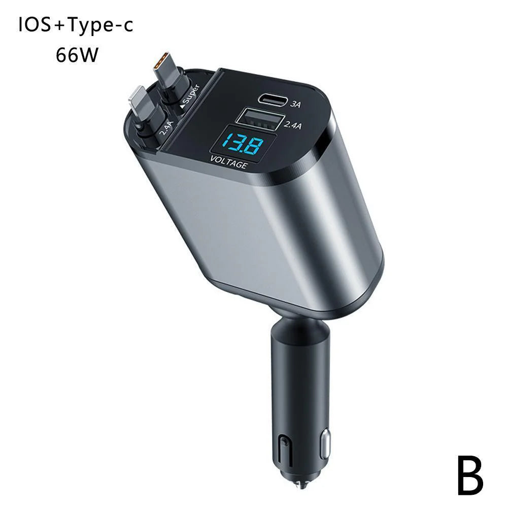 4-in-1 Retractable Fast Car Charger - 120W with USB Type-C Cable