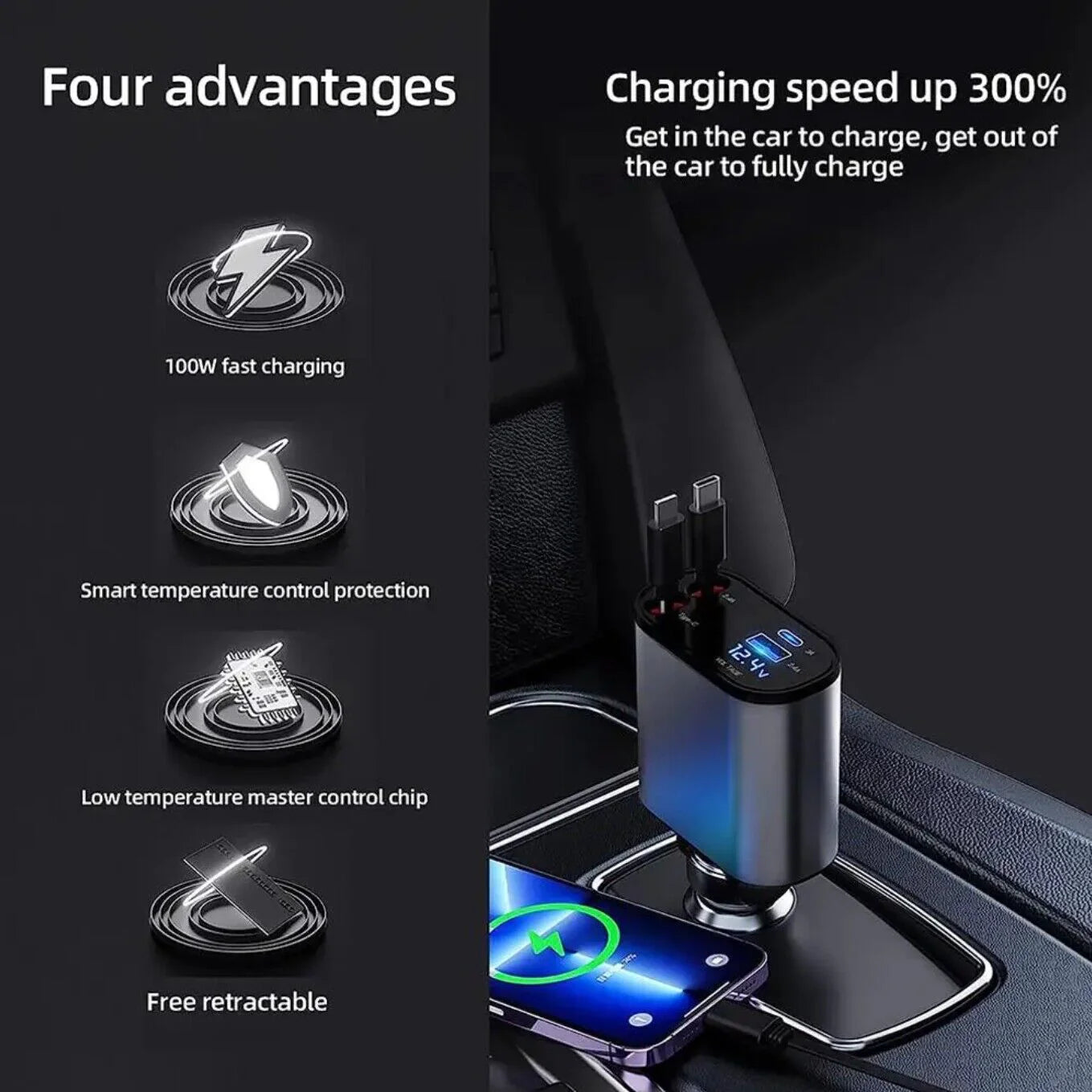 4-in-1 Retractable Fast Car Charger - 120W with USB Type-C Cable