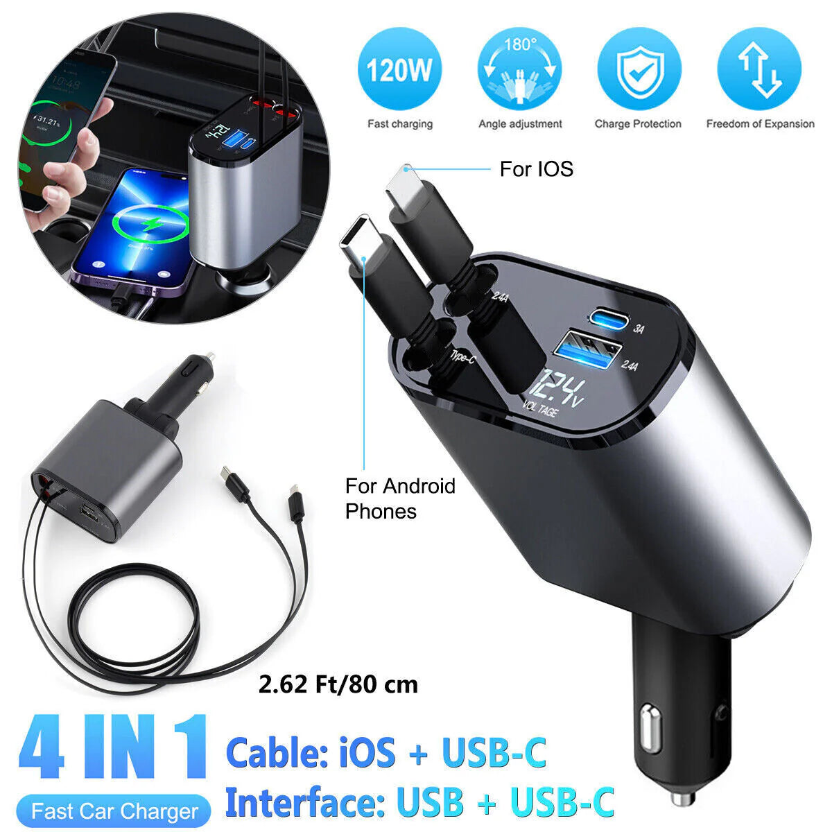 4-in-1 Retractable Fast Car Charger - 120W with USB Type-C Cable