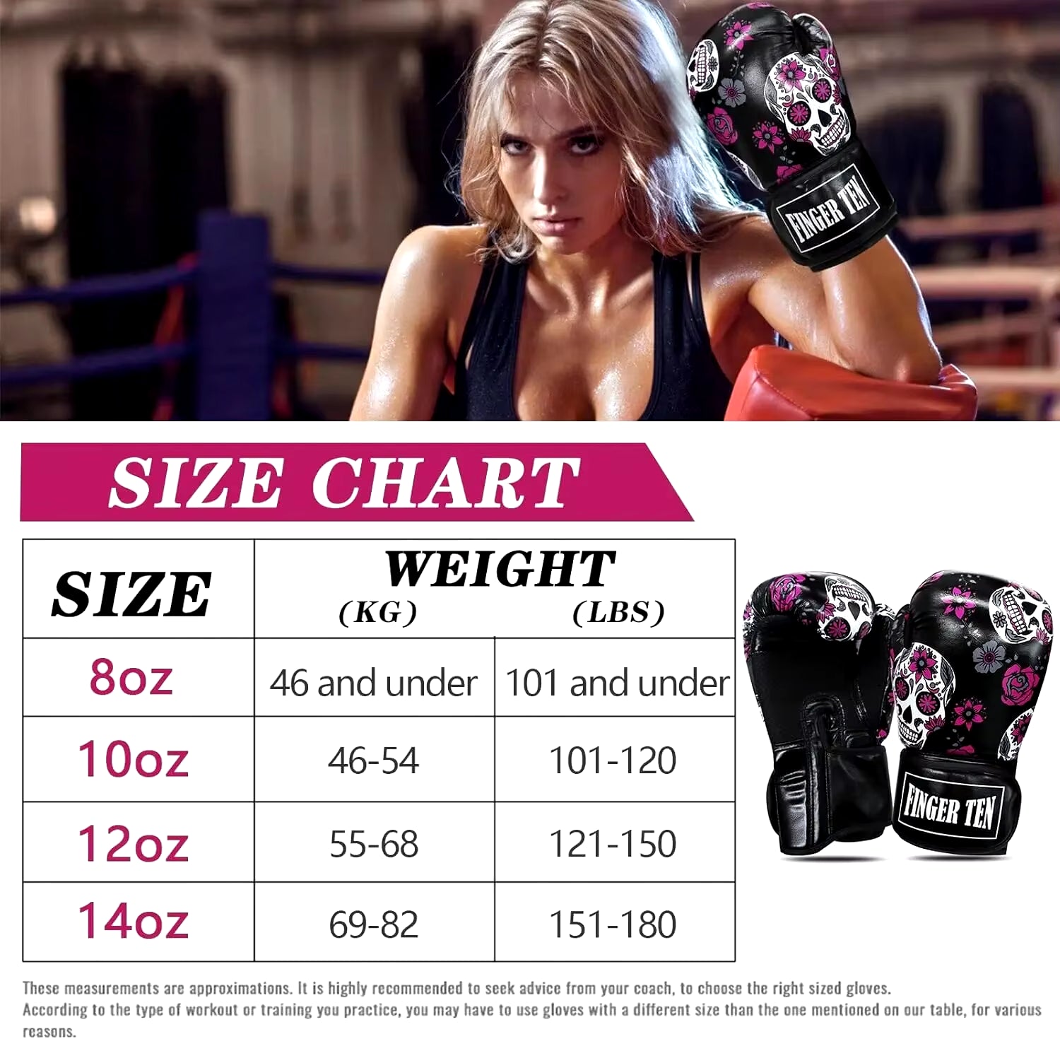 Women's Boxing Gloves for Punching, Sparring, and Kickboxing - Heavy Bag Training Gloves (8, 10, 12, 14 OZ) - 1 Pair