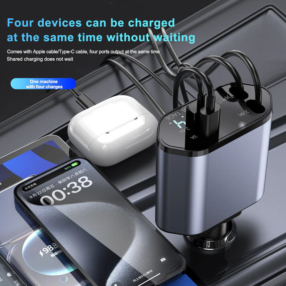 4-in-1 Retractable Fast Car Charger - 120W with USB Type-C Cable