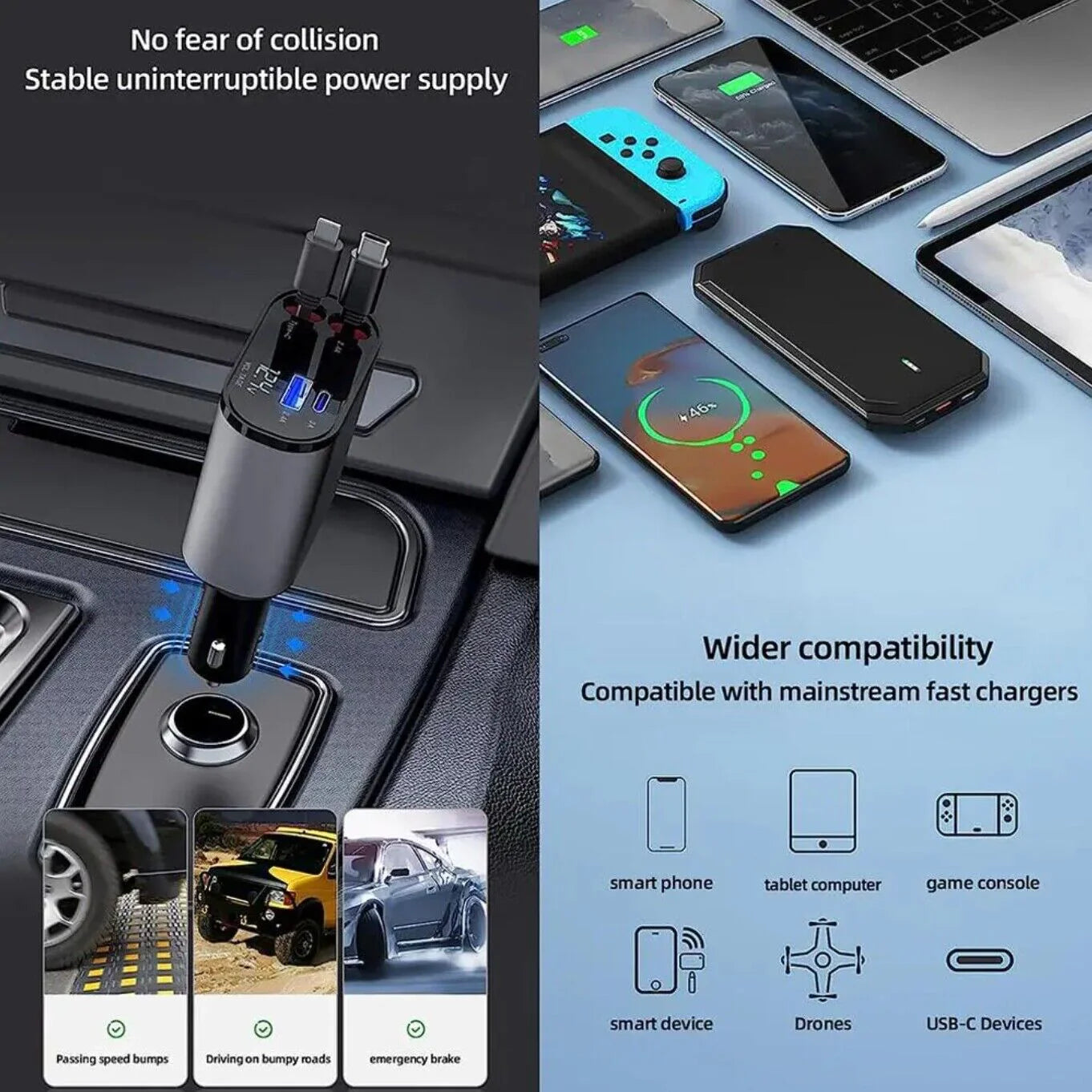 4-in-1 Retractable Fast Car Charger - 120W with USB Type-C Cable