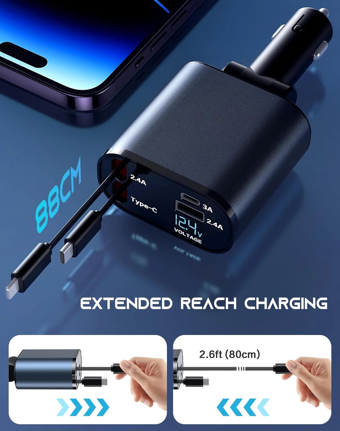 4-in-1 Retractable Fast Car Charger - 120W with USB Type-C Cable