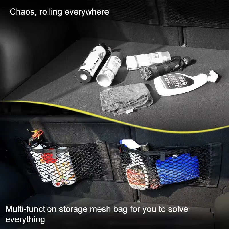 Universal Car Back Seat Elastic Mesh Storage Organizer with Magic Sticker Pocket Net
