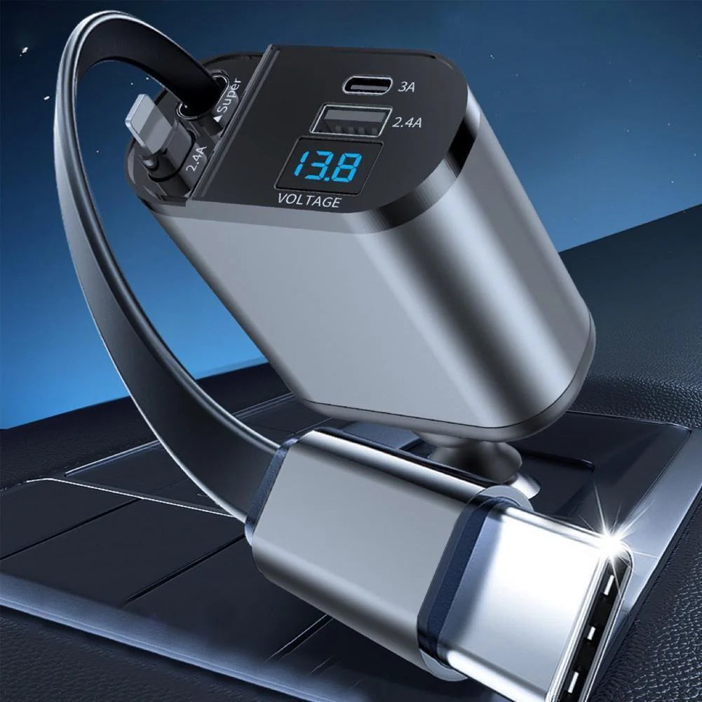4-in-1 Retractable Fast Car Charger - 120W with USB Type-C Cable