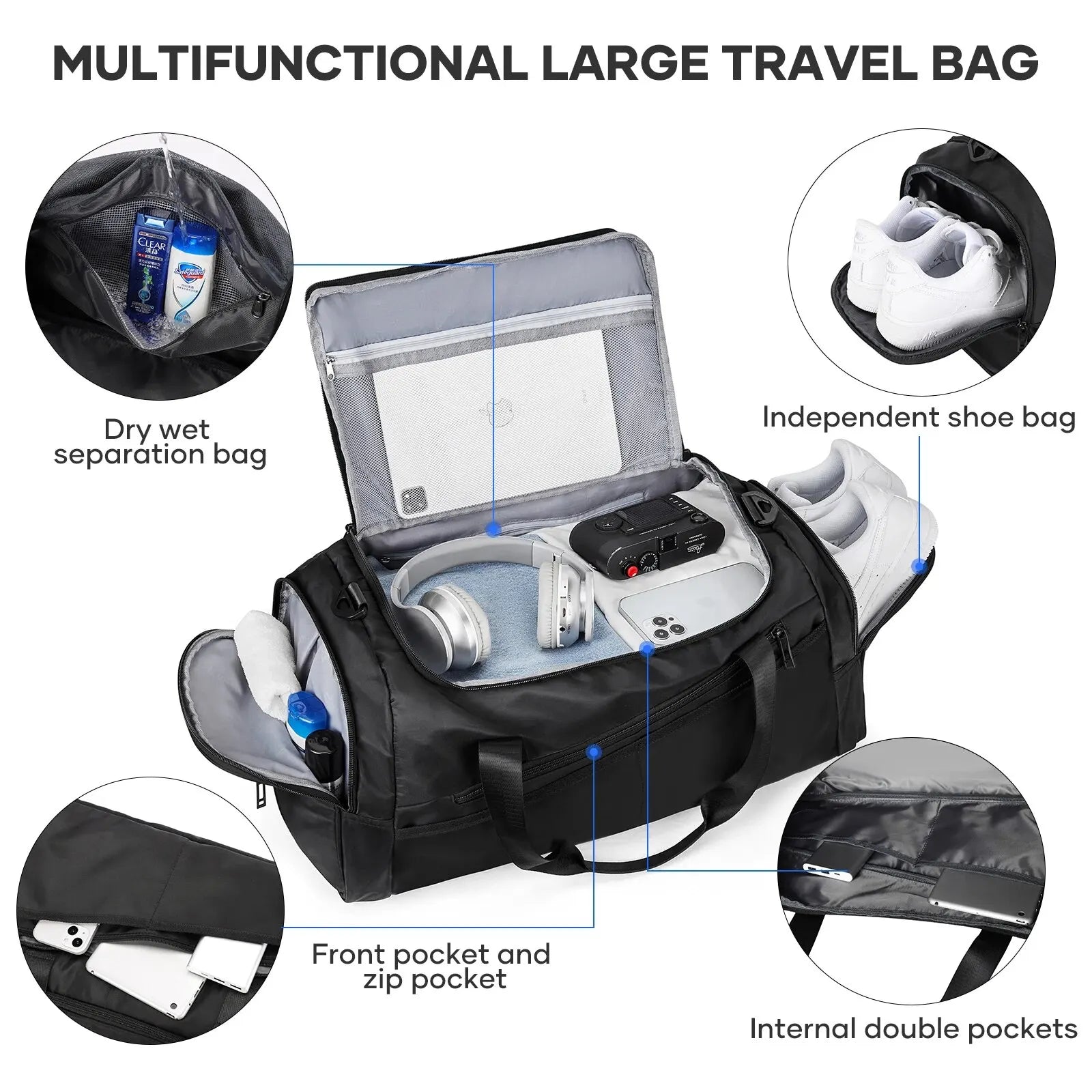 Lightweight 40L Sports Duffel Bag with Shoe Compartment for Men and Women - Foldable Travel Gym Bag