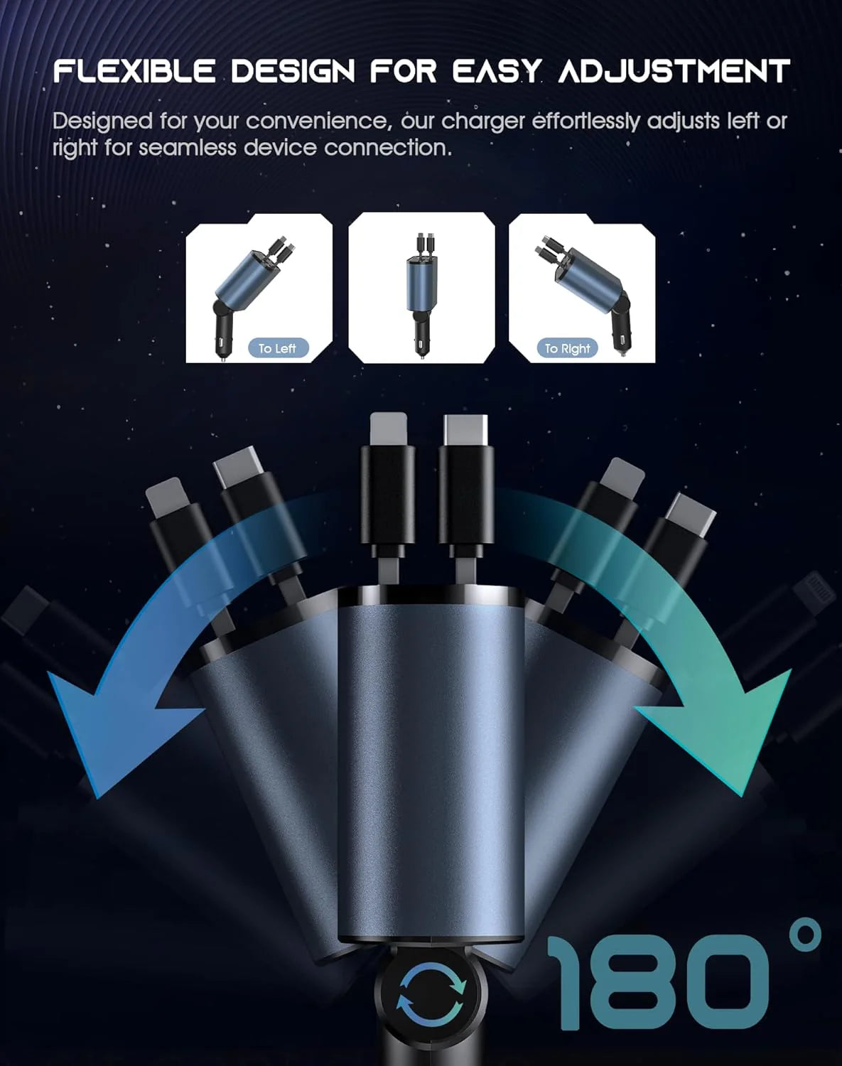 4-in-1 Retractable Fast Car Charger - 120W with USB Type-C Cable