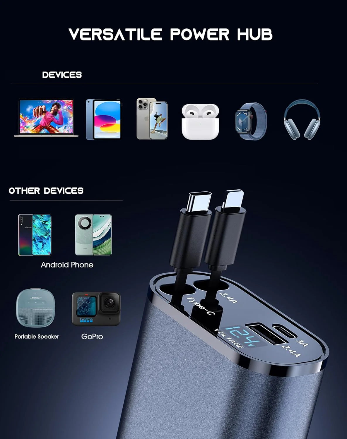 4-in-1 Retractable Fast Car Charger - 120W with USB Type-C Cable