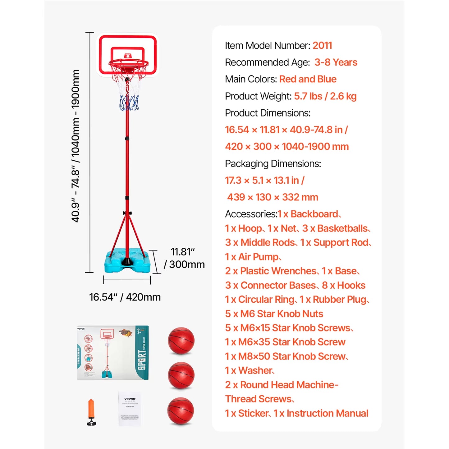 Adjustable Basketball Hoop for Toddlers - 104-190CM Indoor/Outdoor Sports Equipment with Backboard and Rim