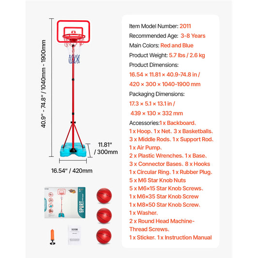 Adjustable Basketball Hoop for Toddlers - 104-190CM Indoor/Outdoor Sports Equipment with Backboard and Rim