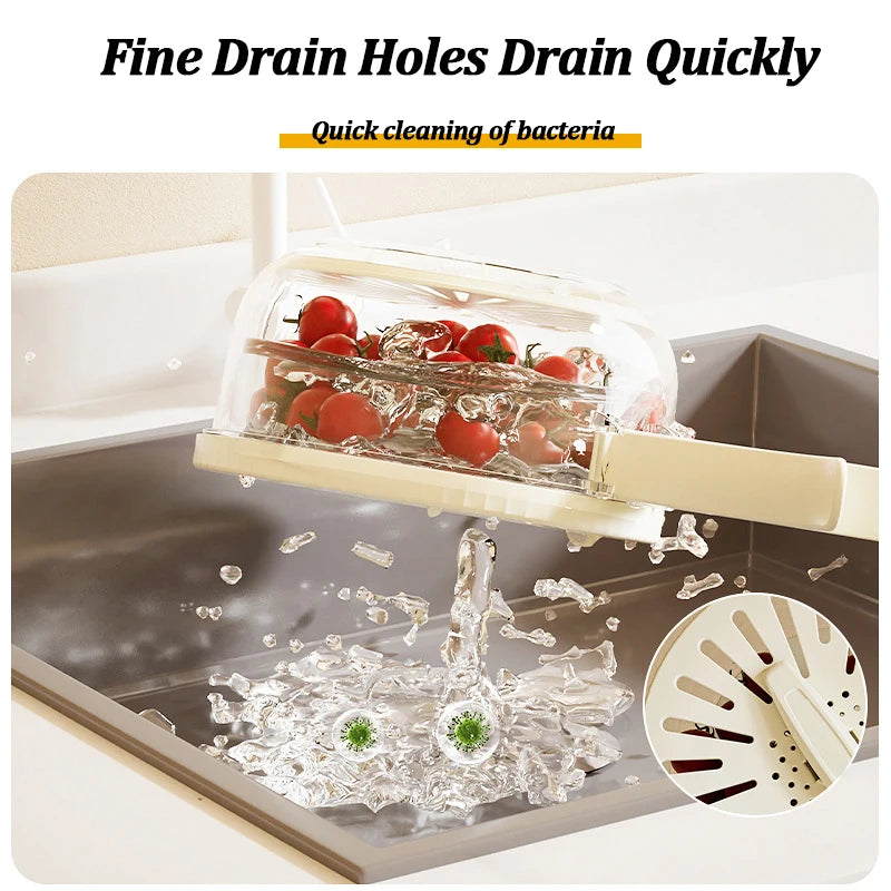 2-in-1 Fruit and Vegetable Washing Basket with Foldable Handle and Refrigerator Crisper Storage Bowl for Home Kitchen