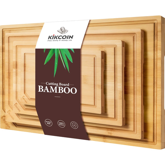 Extra Large 4-Piece Bamboo Cutting Board Set Featuring Juice Groove and Ergonomic Handle Design