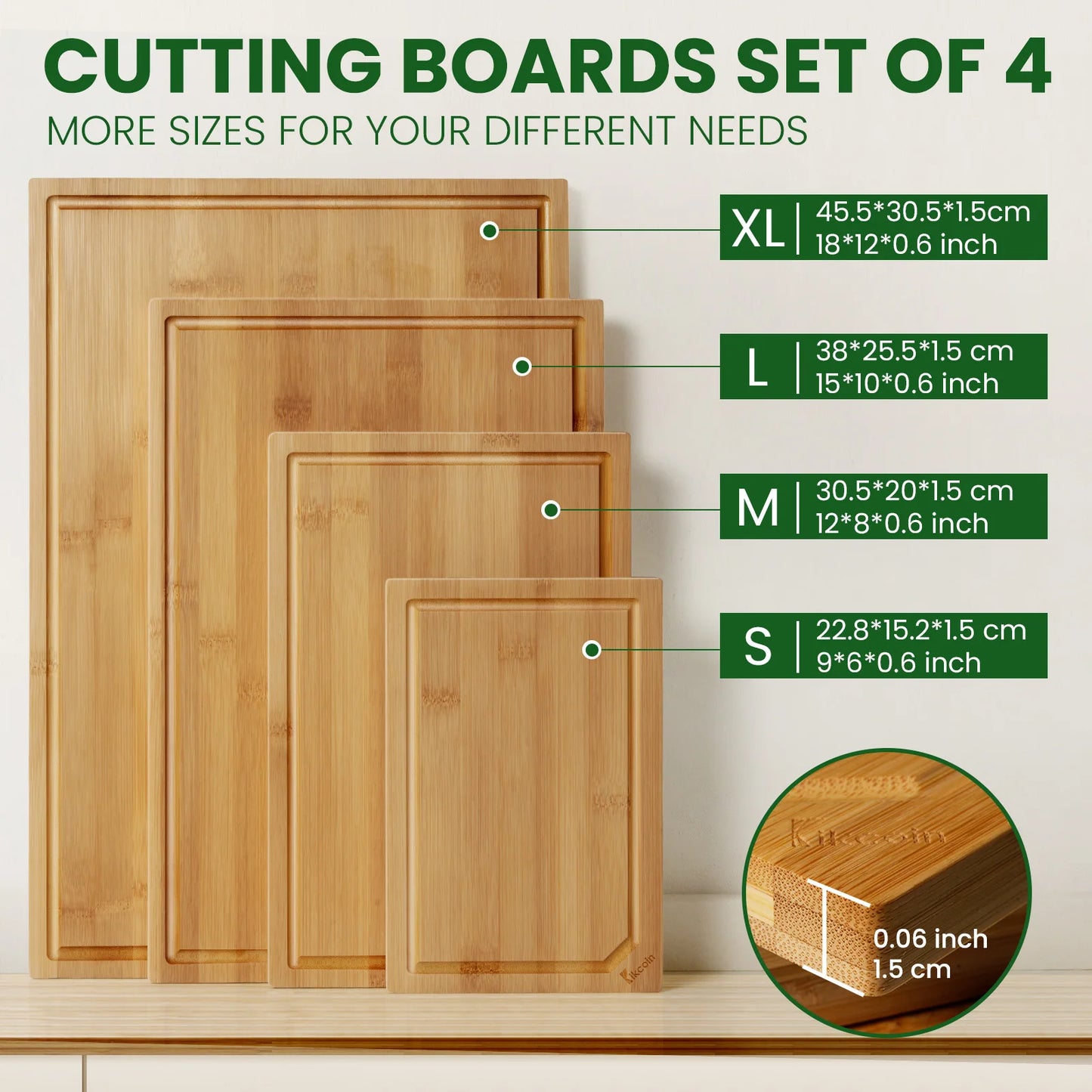 Extra Large 4-Piece Bamboo Cutting Board Set Featuring Juice Groove and Ergonomic Handle Design