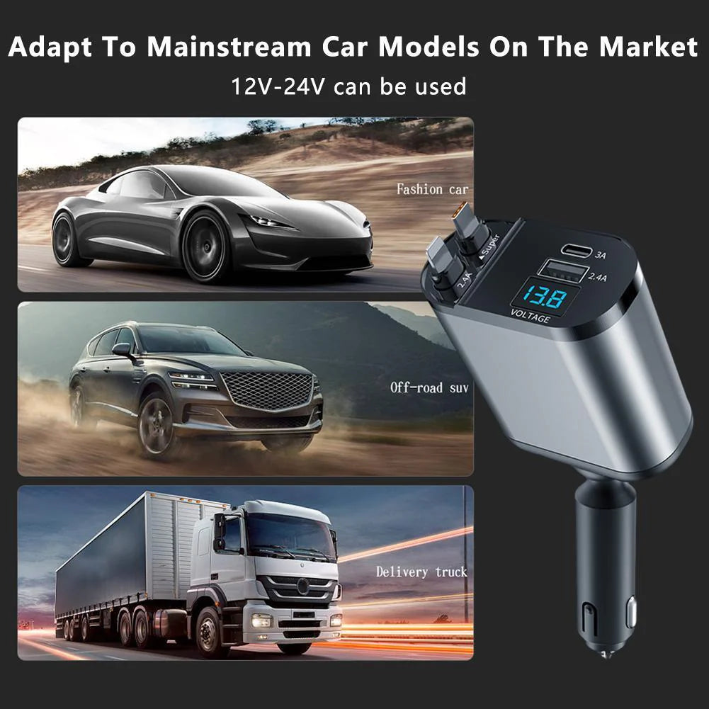4-in-1 Retractable Fast Car Charger - 120W with USB Type-C Cable