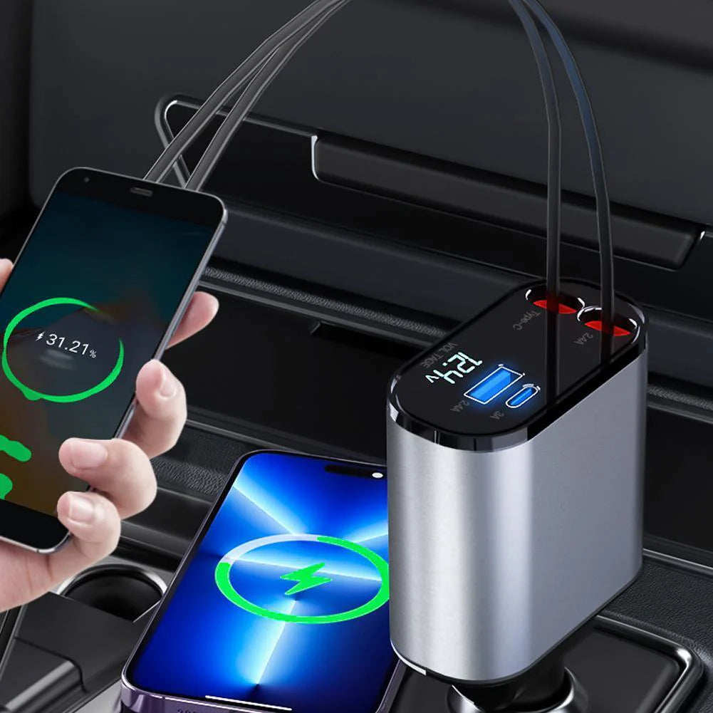 4-in-1 Retractable Fast Car Charger - 120W with USB Type-C Cable