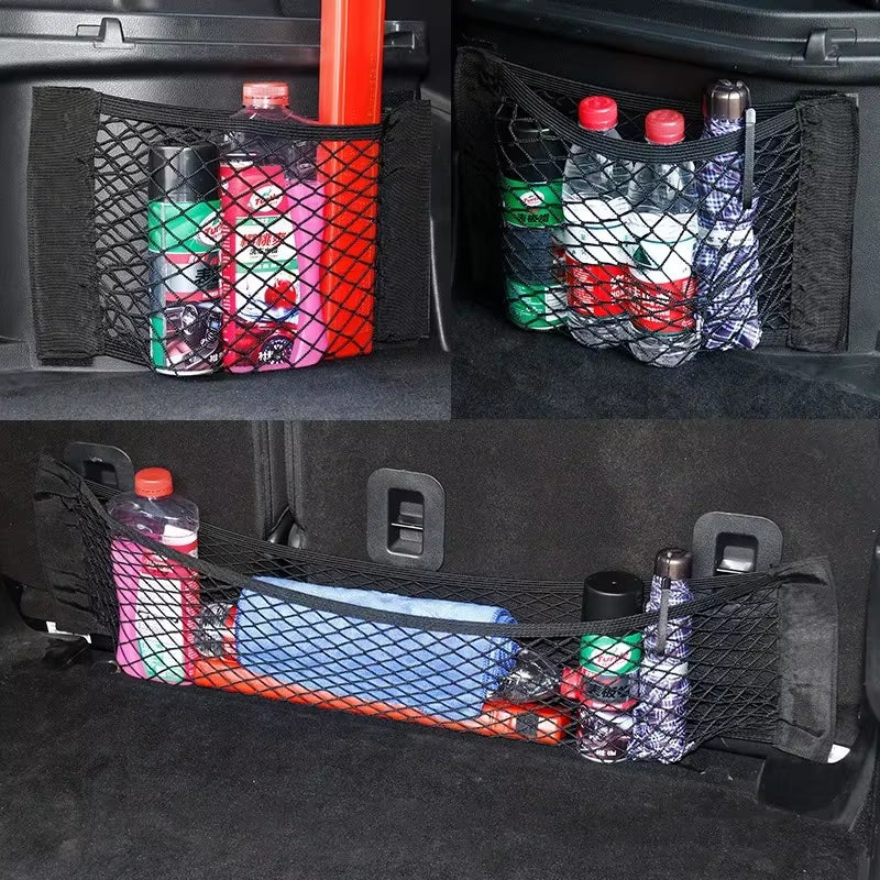 Universal Car Back Seat Elastic Mesh Storage Organizer with Magic Sticker Pocket Net