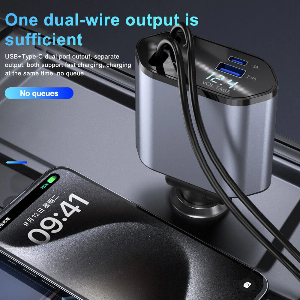 4-in-1 Retractable Fast Car Charger - 120W with USB Type-C Cable